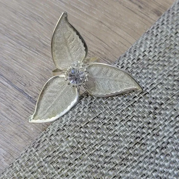 Vtg 1980s Trillium flower statement ring silver tone mesh crystal adjustable - Picture 7 of 10